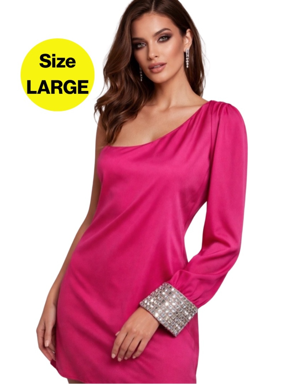 DEPRI 💎 Pretty In Hot Pink One-Shoulder Mini Dress, Diamond Cuff (Women’s Large)